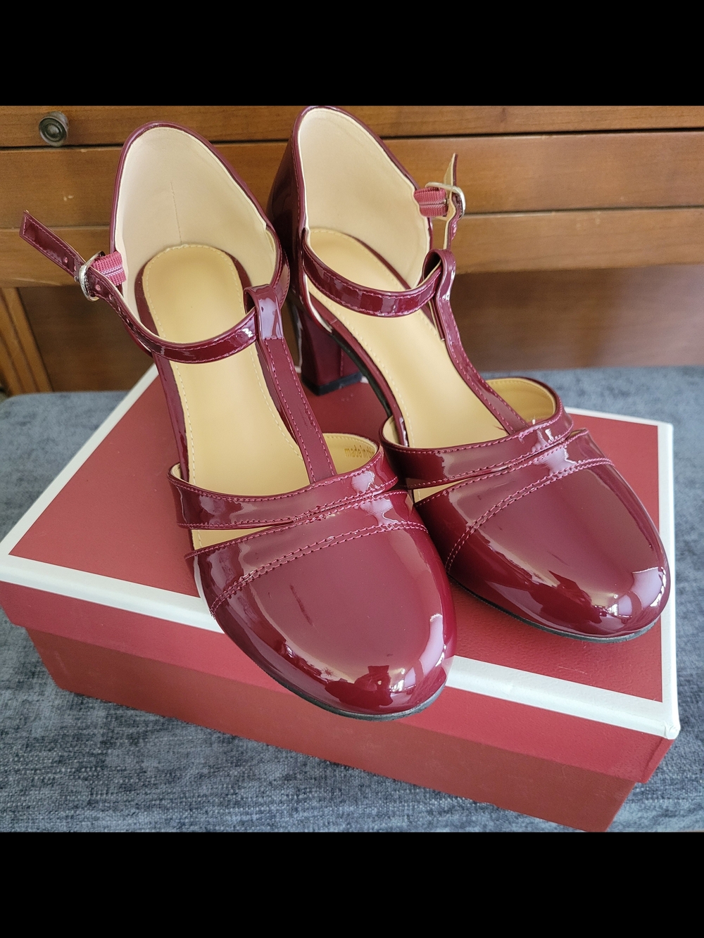 Women's Burgundy Patent T-Strap Block Heel Pumps